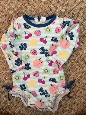 Ruffle Butts Fruit-Print Long Sleeve One-Piece Swimsuit - Pink/Blue
